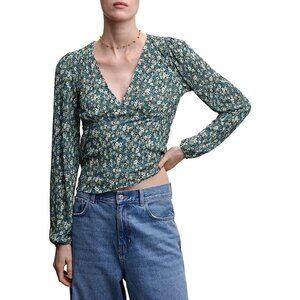 Mango Pamy floral v-neck long sleeve blouse blue green L